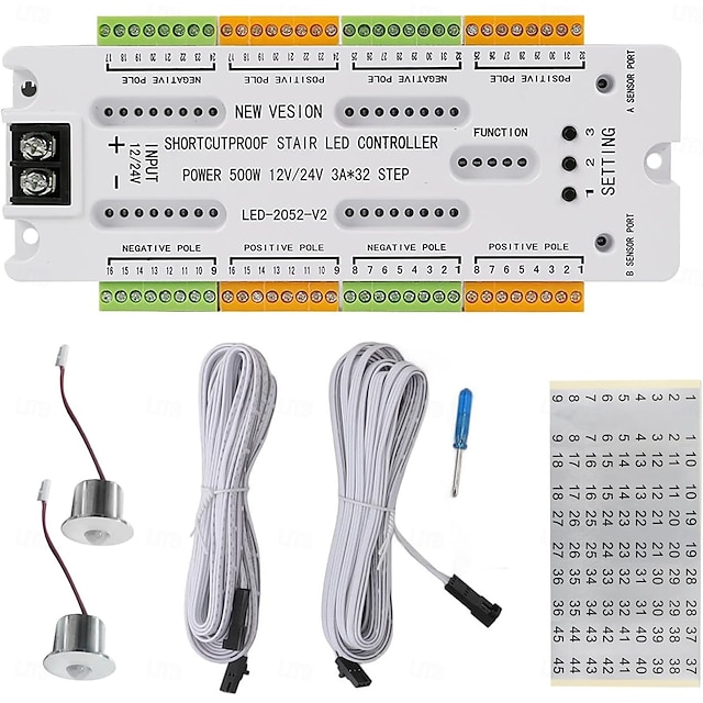  32 Channel Motion Sensor LED Stair Controller Automatic Staircase Lighting Controller Short Circuit Proof Stairway Step Light Controller Adjustable Brightness for Indoor Under Stair Lighting DC12-24V
