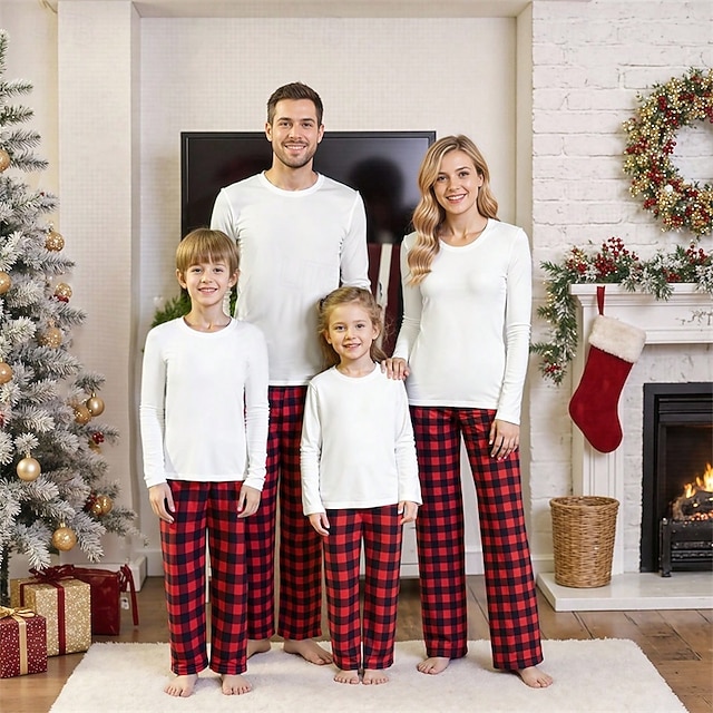  ファミリールック クリスマス クリスマスファミリーパジャマ パジャマ ファミリーセット チェック 家 プリント ルビーレッド 長袖 日常 マッチング衣装
