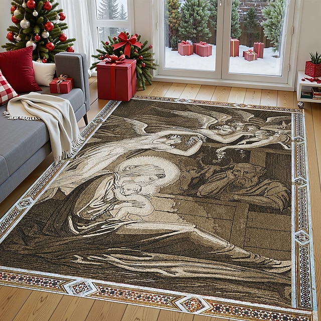 Nativity Scene Xmas Area Rug For Living Room And Bedroom, Faux Cashmere ...