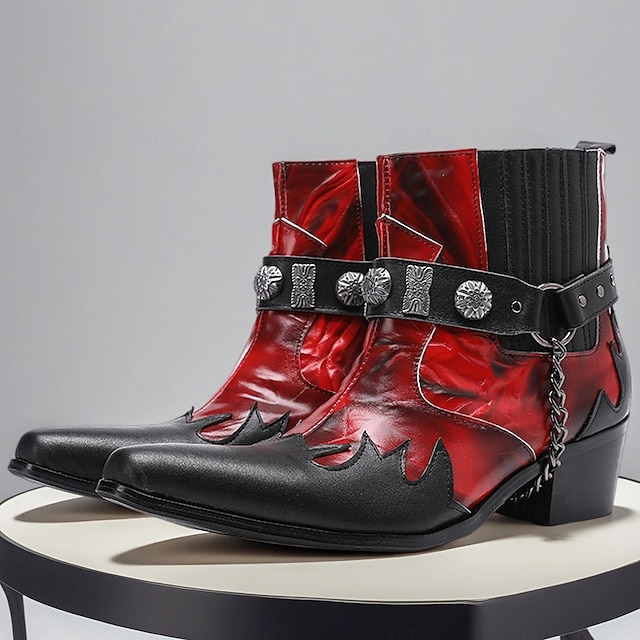  Férfi piros és fekete lángmintás bőr bokacsizma láncpánttal és fém részletekkel, 100% marhabőr western csizma rockkoncertekre és bulikra