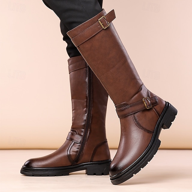  Bottes d'équitation montantes en similicuir marron pour homme avec sangle à boucle, bottes hautes équestres vintage pour la mode et les costumes