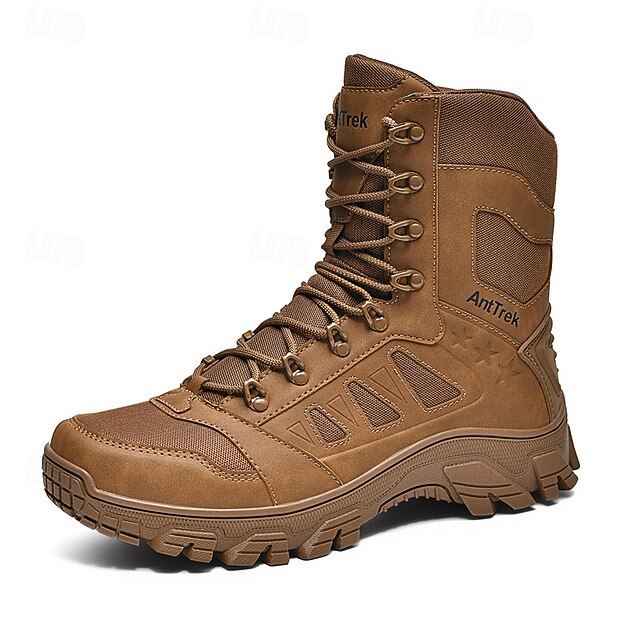 Men's Light Brown Tactical Combat Boots with Breathable Mesh Panels and ...