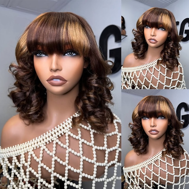 Onverwerkt maagd haar 5x5 Sluiting 4x13 Sluiting Pruik Strakke pony Met pony Braziliaans haar Los golvend Bruin Meerkleurig Pruik 130% 150% Haardichtheid Haar met highlights / balayage 100% Maagd