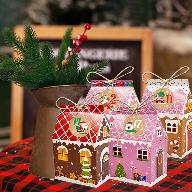  24 stk. julegaveesker med pepperkakehus og godteri, mini-julefestgaveeske, liten pappgavebeholder til jul, høytidsfest, godbit, kjeks, snacks, emballasje