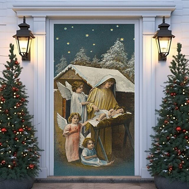 Christmas Door Cover Winter Holiday Decoration Drapes with Nativity Scene Featuring Virgin Mary Baby Jesus and Angel Messenger Print for Home Entryway Living Room Bedroom Indoor Outdoor4