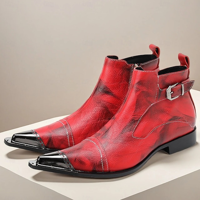  Men's Red Leather Boots with Buckle Detail and Pointed Toe – Perfect for Christmas Gatherings and Festive Events