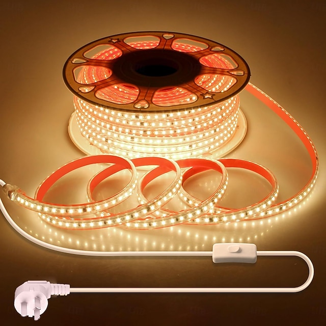  LED防水IP65ライトストリップ、16.4～328フィート、強力な粘着剤付きLEDライトストリップ、単列120LED、二列240LED、オン/オフスイッチ付きプラグワイヤー、屋内寝室キャビネット下装飾用