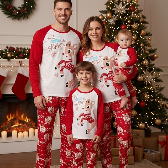  ファミリールック クリスマス クリスマスファミリーパジャマ パジャマ ファミリーセット グラフィック しか 家 プリント ルビーレッド 長袖 日常 マッチング衣装