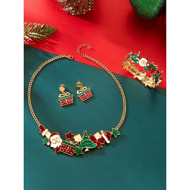 dames kerstsieradenset met kerstman, boom &cadeau-ontwerpen, kleurrijke emaille ketting, armband &oorbellenset voor feestdagen, winteroutfits &geschenken