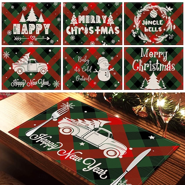  6 peças de floco de neve vermelho de natal &Jogo americano de boneco de neve de árvore de Natal resistente ao calor, jogos americanos quadrados de linho para decoração de mesa de sala de jantar,