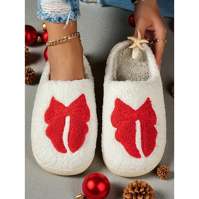  chinelos brancos femininos com design de laço vermelho - chinelos macios e quentes para ambientes internos, perfeitos para noites aconchegantes de inverno e manhãs de Natal