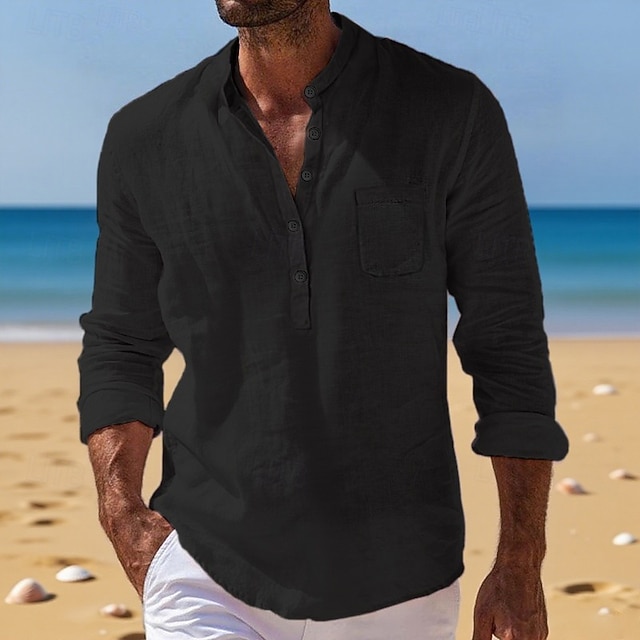 Men's Shirt Linen Shirt Band Collar Shirt Popover Shirt Summer Shirt Beach Wear Plain Vacation Holiday Black White Yellow Wine Long Sleeve Henley Summer Spring Clothing Apparel