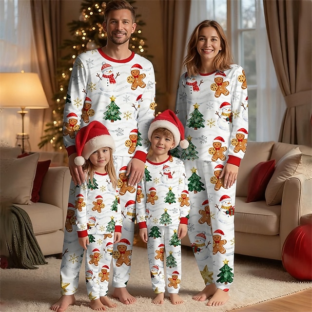  ファミリールック クリスマス クリスマスファミリーパジャマ パジャマ ファミリーセット グラフィック 雪だるま ジンジャークッキー 家 プリント ホワイト 長袖 日常 マッチング衣装