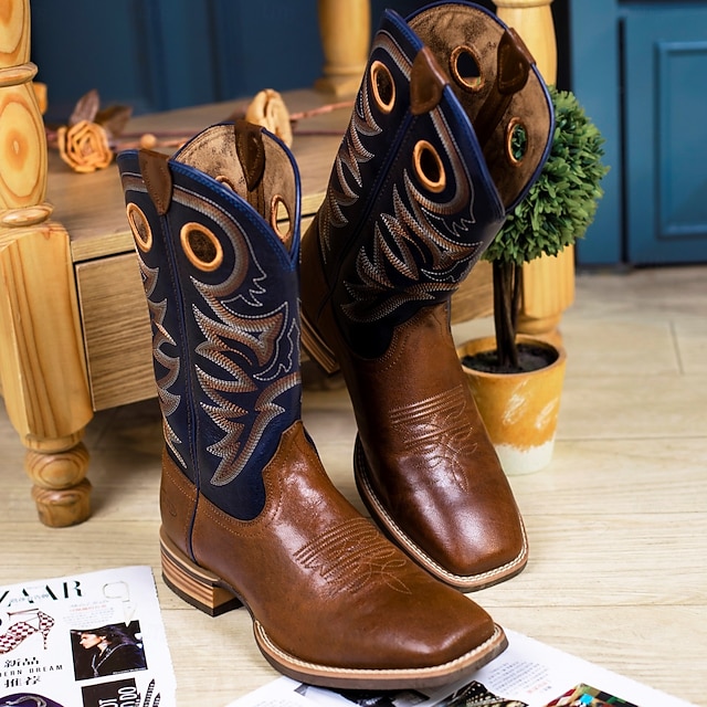  férfi prémium bőr western cowboy csizma – klasszikus barna színű, bonyolult varrással, tökéletes western stílushoz, rodeókhoz és hétköznapi viselethez