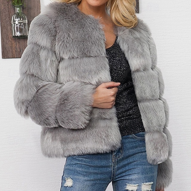  Dam Vinterkappa Fuskpälskappa Håller värmen Bekväm Beskuren Pälsar och läder Mode Ledigt Slät Semester Gata Ledigt Dagliga kläder Normal Rund halsringning Normal Långärmad Ytterkläder Svart Vit