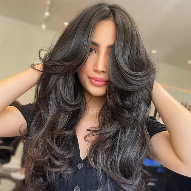  hosszú, hullámos barna réteges paróka függönyfrufruval fekete nőknek, szintetikus réteges hosszú hullámos természetes barna bozontos pillangófrizúrás paróka vékonyszálú hajjal nőknek, 24 hüvelykes