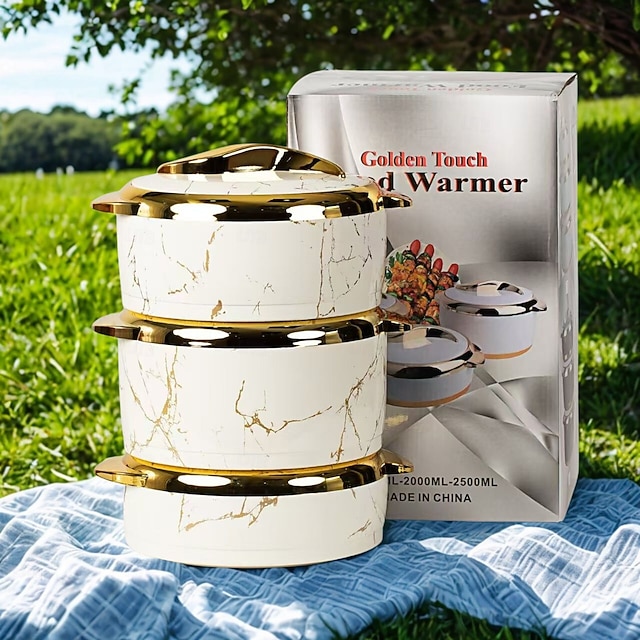  タッチフードウォーマーセット、蓋付き保温キャセロール皿3点セット、温かい/冷たい食べ物用の断熱ステンレススチール容器、ノンスティック調理器具、モダンなABSシェル