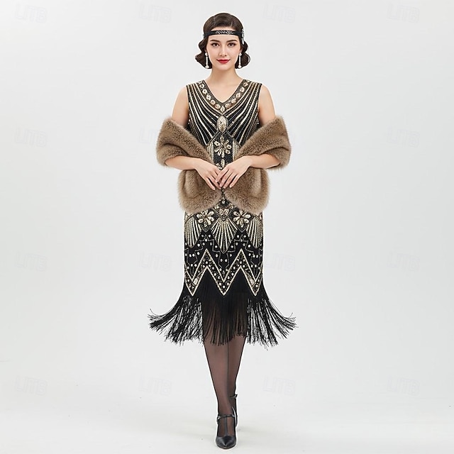  Sada Retro Řvoucí 20s 20. léta 20. století Polední Bubenové šaty Fancy kostým Šátek z umělé kožešiny s příslušenstvím Velký Gatsby Buben dívka Flitry Třásně Maškarní kostým Dámské Vánoce Nový rok
