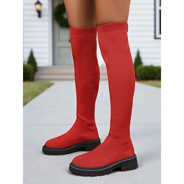  Botas rojas por encima de la rodilla para mujer con suela gruesa antideslizante, botines de invierno elásticos estilo calcetín para atuendos casuales y fiestas navideñas. &ropa de calle