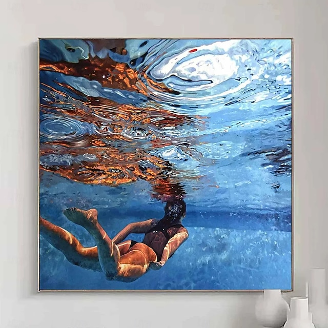  Ölgemälde „Taucherin“: abstrakte schwimmende Frau, handgefertigte Leinwand