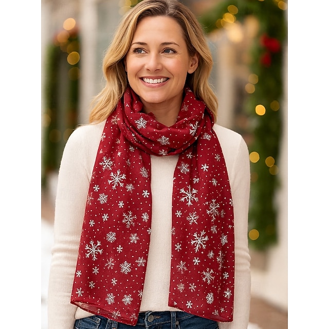  Julesnøfnuggskjerf til dame, festlig rødt og hvitt design med metalliske snøflak, mykt polyestermateriale, perfekt for høytidsfester og vinterklær