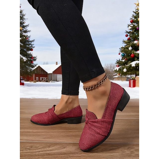  Röda loafers med låg klack och rosett för kvinnor – eleganta slip-on-skor i tweed, bekväma vinterskor för jul, arbete och vardagskläder