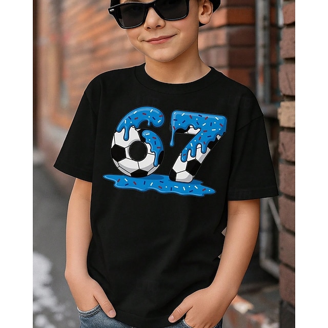  コットン 子供 男の子 ブラック ホワイト グラフィック サッカー 面白いスラング 67 Tシャツ ブラウス クルーネック 半袖 アウトドア 日常着 ファッション ストリートファッション デザイナー プリント 夏