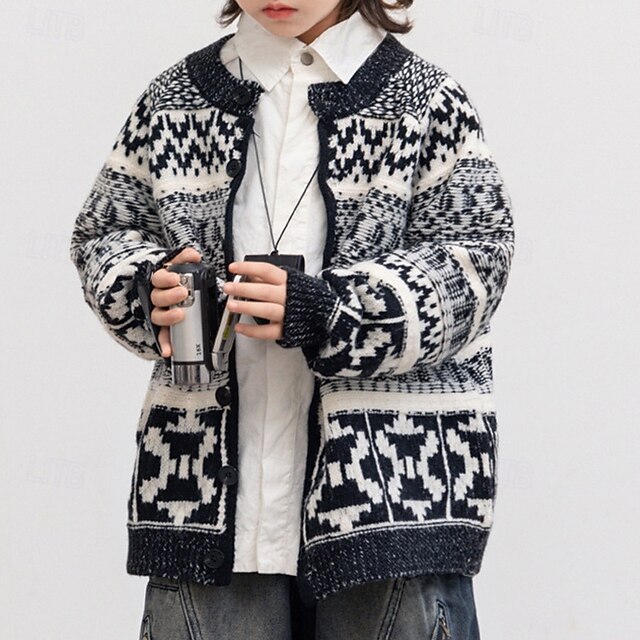  Lapset Poikien Neulos Geometrinen Pitkähihainen Napit ulko- Muoti Musta Talvi Vaatteet 4-12 vuotta