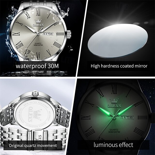  La nouvelle montre business pour homme Olevs est dotée d'un affichage lumineux de la date et du jour avec index romains, d'un bracelet en acier, d'une technologie à quartz et d'une élégance