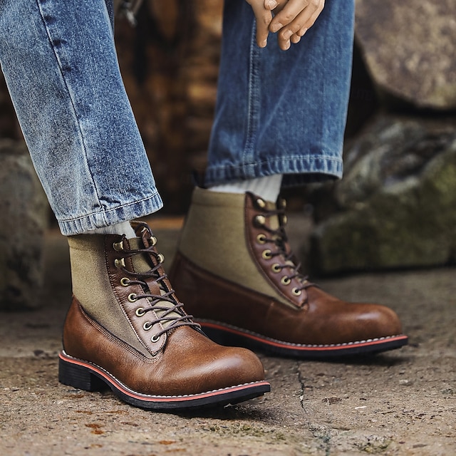  Bottes de randonnée pour hommes en similicuir marron et toile - modèle à lacets résistant et confortable avec semelle robuste, idéales pour les activités de plein air, la randonnée et les excursions d'une journée.