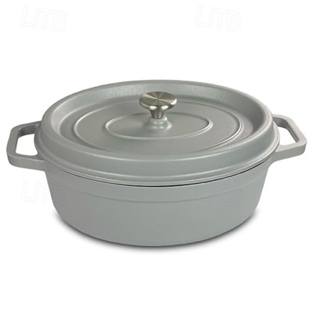  чугунная овальная кастрюля с крышкой-каплесборником светло-серого цвета