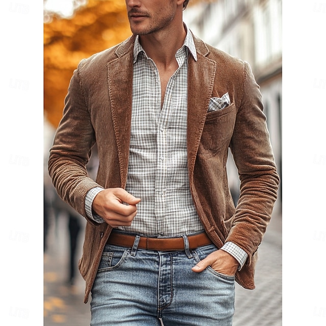  Herre Kordfløyel jakke Halskrage Mote Klassisk Fritid Ensfarget Blazer Brun Kakifarget Mørkeblå Slank Fasong Single Breasted To-knapper