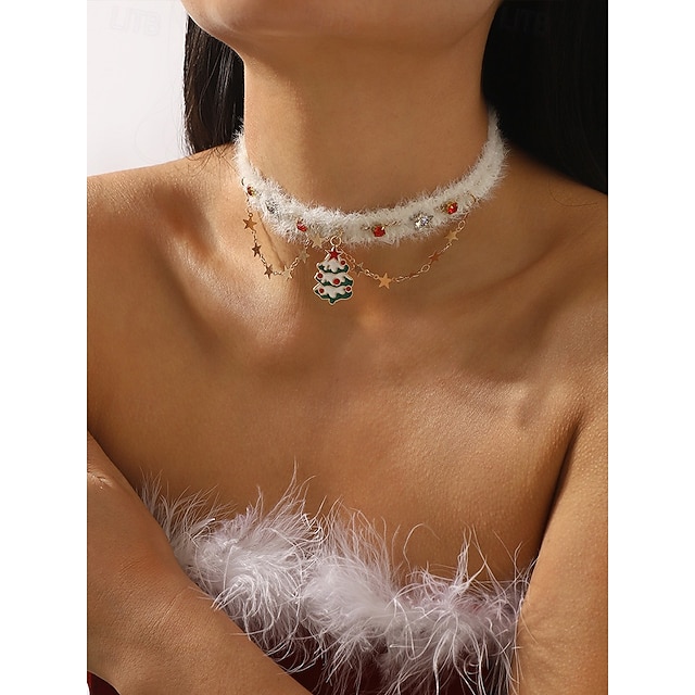  Julehalskjede til dame, plysj og legeringsmateriale, rød og gullstjerne, treanheng med strass, festtilbehør