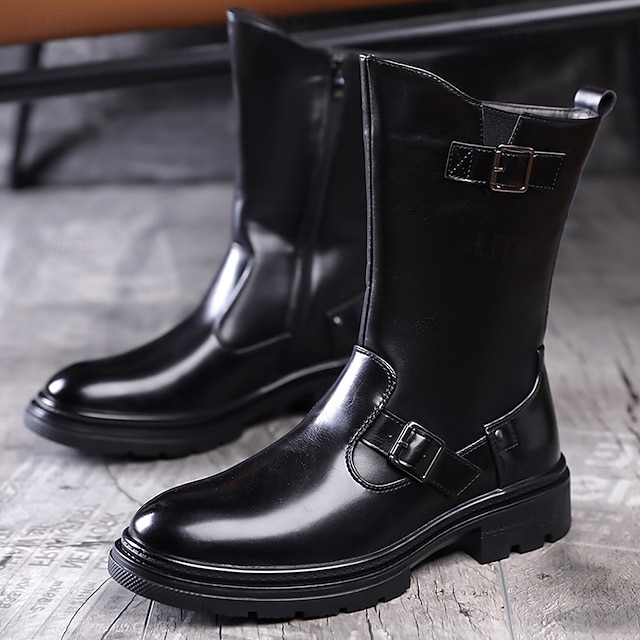  Bottes militaires noires pour hommes en similicuir avec boucles – élégantes et pratiques, adaptées aux aventures en plein air et aux activités décontractées