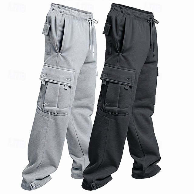  Paquets multiples 2 pièces Homme Bleu marine + noir Jogging Cargo Pantalons Cordon de serrage Taille Élastique Uni Vacances Tenue quotidienne Polyester Printemps