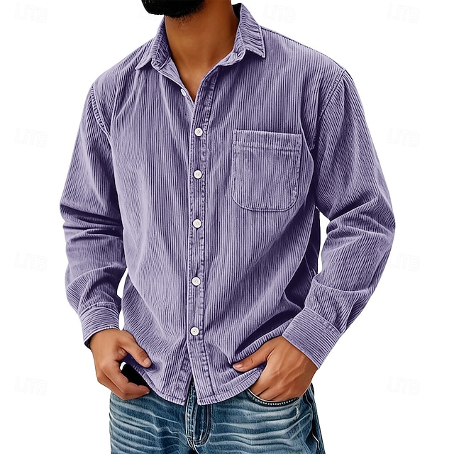  Per uomo Camicia Camicia casual Camicia di Velluto a Coste Blu Nero Viola Grigio Manica Lunga Semplice Bavero Casuale Uscire Tasca Abbigliamento Moda Retrò Vintage Casual
