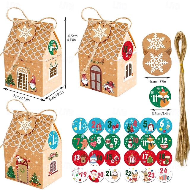  Christmas Gingerbread House Candy Boxes, 24pcs (3 Designs 8 Each, with Stickers), Kraft Paper Gift Boxes, Advent Calendar Packaging