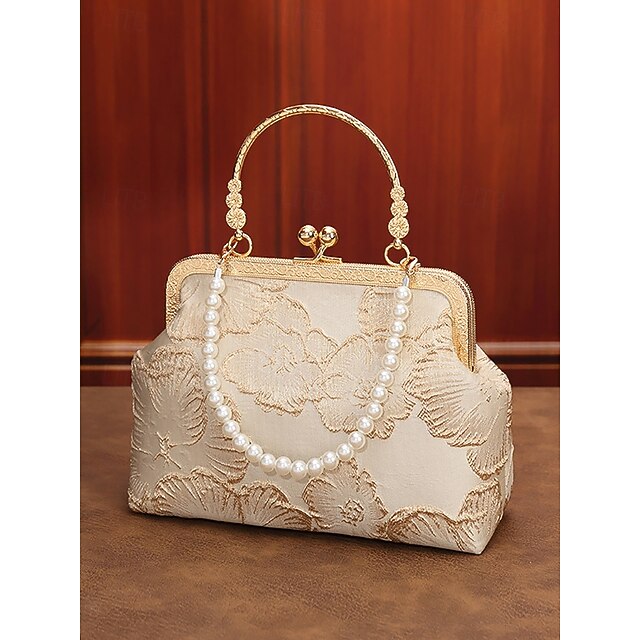  Elegante Damen-Clutch mit Perlenhenkel – florales Stickdesign mit Goldborte, in verschiedenen Farben erhältlich, perfekt für Hochzeiten, Partys und festliche Anlässe.