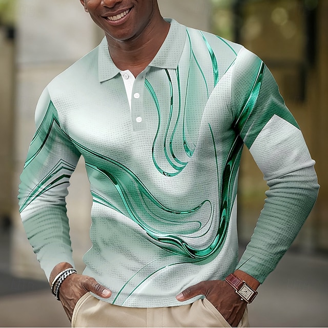  Per uomo Geometrico Marmo Magliette Polo a Nido d'Ape Manica Lunga Magliette polo Camicie con Colletto Casual Abbigliamento quotidiano Bottoni Primavera Autunno Inverno Blu Viola Verde