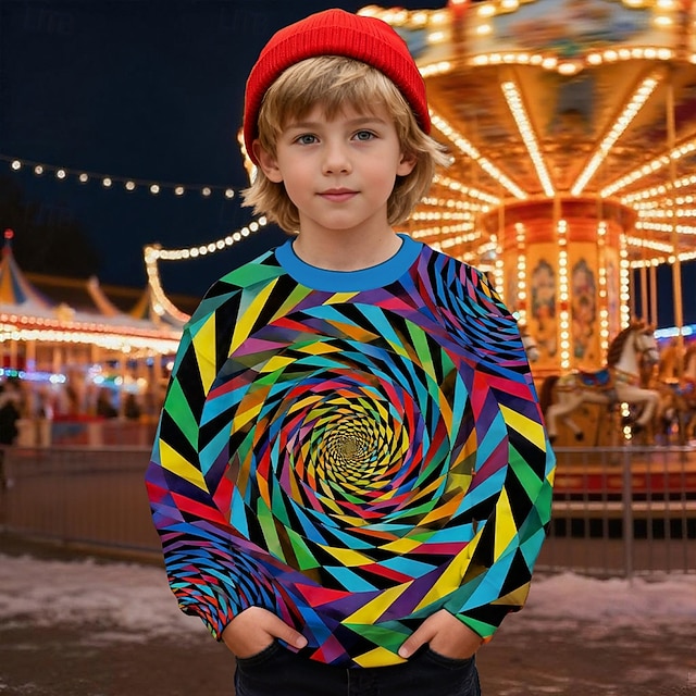  Jungen 3D Grafik Geometrisch Optische Täuschung Sweatshirt Langarm Frühling Herbst Mode Basic Kinder 4-12 Jahre Rundhalsausschnitt Outdoor Lässig Täglich Normale Passform