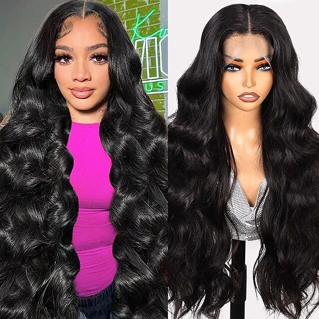  ナチュラルカラーの人毛13*6フロントレースウィッグボディウェーブレースウィッグ人毛150%密度14-28インチ