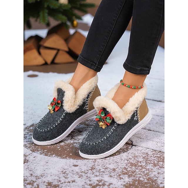  Damesko i varm plysjpels til jul – søt sløyfe og bjelledetaljer, ideell for innendørskomfort, gavebytte på høytidsmorgenen og vinterklær