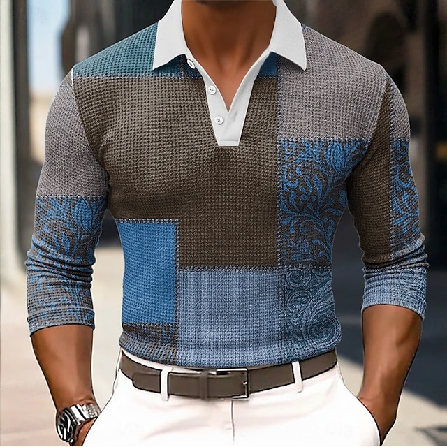  Herren Geometrisch Farbblock Waffel-Poloshirts Langarm Polo-Shirts Hemden mit Kragen Business-Casual Geschäft Büro-Outfit Alltagskleidung Knöpfe Frühling Herbst Winter Blau Braun