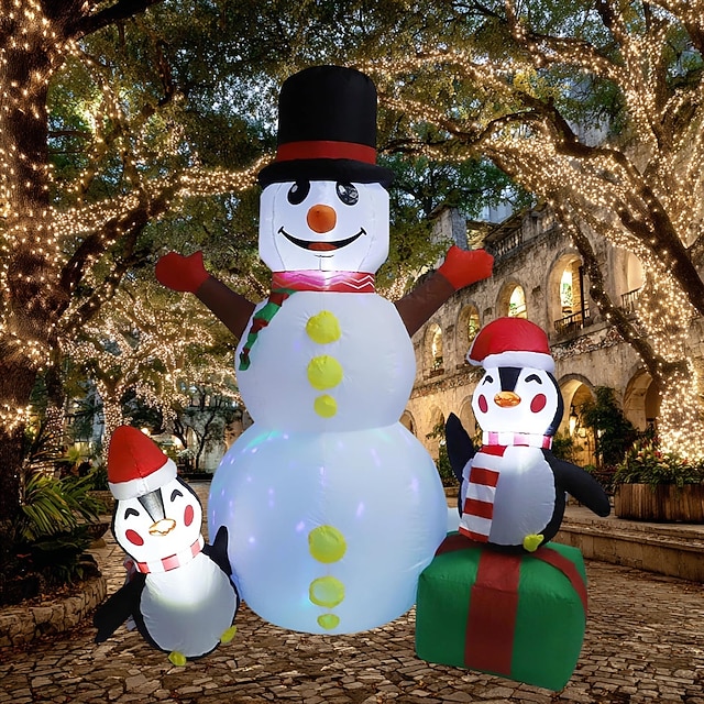  1,8 m/6 fot oppblåsbar julesnømann med pingviner, innebygde fargerike LED-lys, utendørsdekorasjoner - oppblåsbar snømann og 2 pingviner, dekor til hage, plen, veranda, julefester