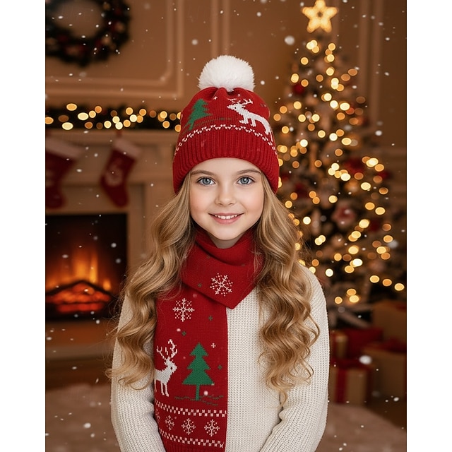  مجموعة قبعة ووشاح عيد الميلاد للأطفال، محبوكة ناعمة مع أنماط الرنة والأشجار، إكسسوارات شتوية دافئة للأولاد والبنات، مثالية للاحتفالات بالعطلات وعيد الميلاد