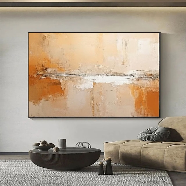  Grande peinture abstraite acrylique faite à la main, représentant un paysage de coucher de soleil, dans un style long, beige et or rose, art mural abstrait horizontal, peinture à l'huile