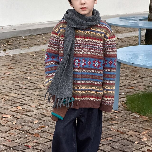  Barn Gutt Genser Grafisk Langermet Knapper utendørs Mote Brun Høst Klær 4-12 år