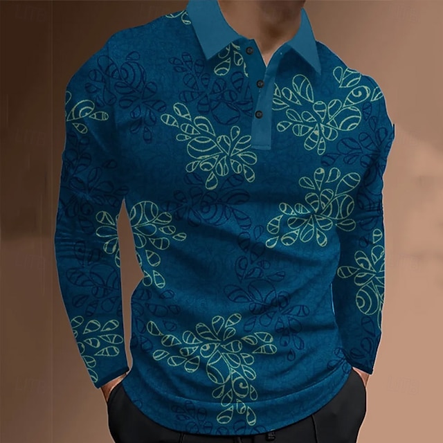  Herre Abstrakt Geometrisk Polo Langermet Poloskjorter Knaphul Fritid utendørs Gate treningsklær Dagligdagstøy 3D-utskrift Knapper Vår Høst Vinter Blå 1 Blå Lilla