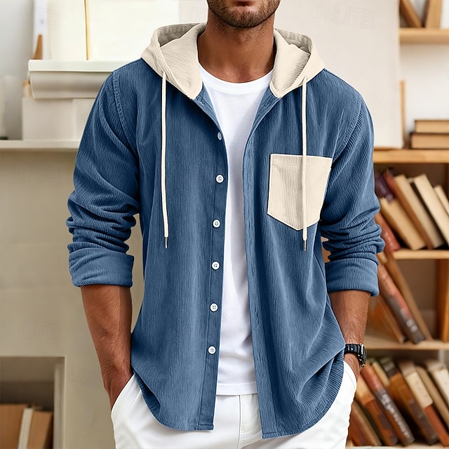  Herren Hemd Freizeithemd Cordhemd Knopfhemd Kapuzenhemd Blau Schwarz Grün Langarm Einfarbig Mit Kapuze Lässig Täglich Tasche Bekleidung Mode Modern Lässig