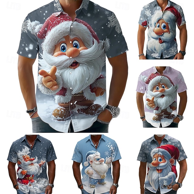 Christmas Men's Cartoon Santa Claus Snowflake Shirt Button Up Shirt ...